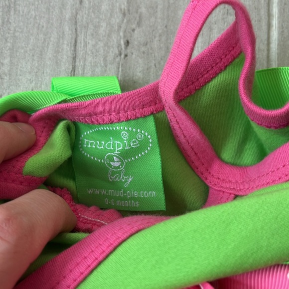 Mud Pie Baby Little Sprout Pink and Green Ruffle Ribbon Dress - Picture 3 of 4